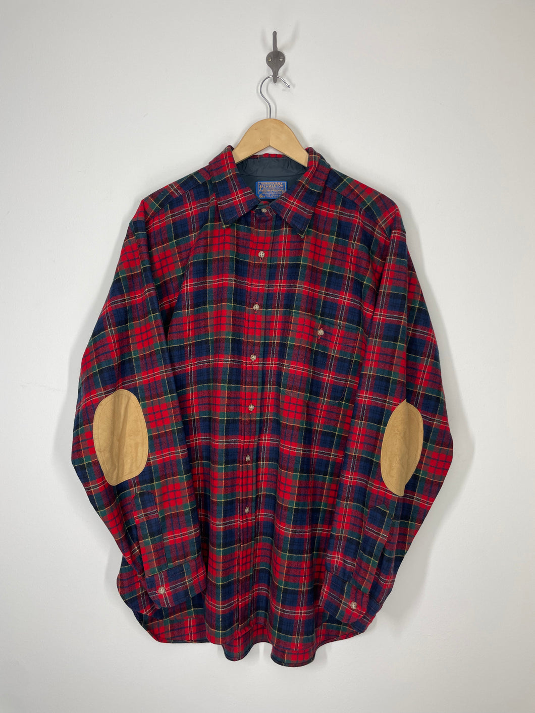 70s Pendleton Macpherson Red Tartan Button Up Wool Elbow Patch Flannel Shirt - XL