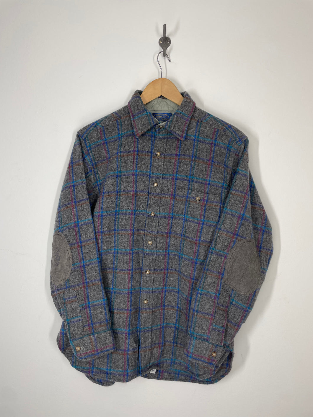 70s Pendleton Button Up Wool Flannel Elbow Patch Shirt - L