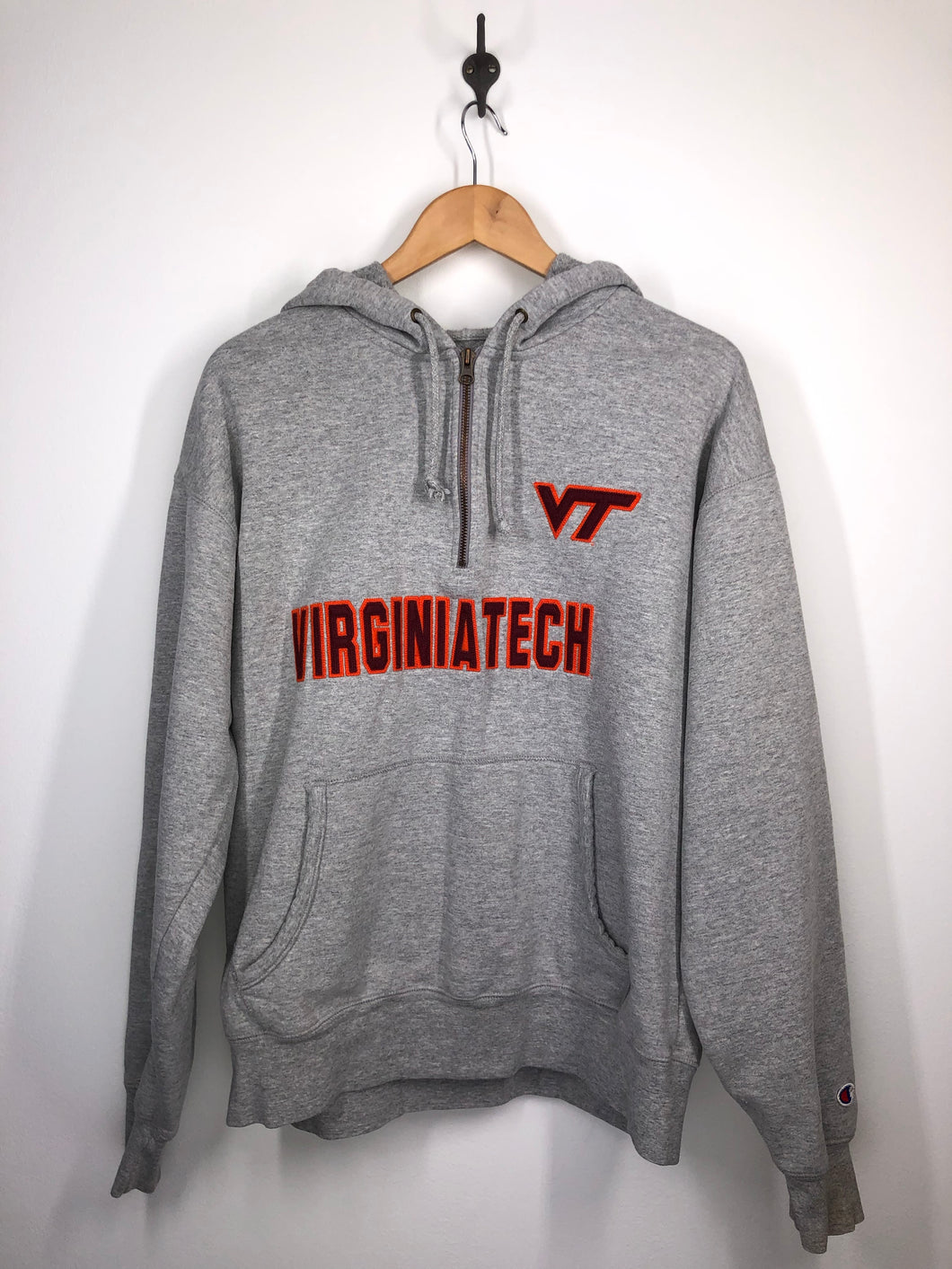 Virginia Tech - Embroidered 1/4 Zip Pullover Hoodie Sweatshirt- Champion Tag - Large L